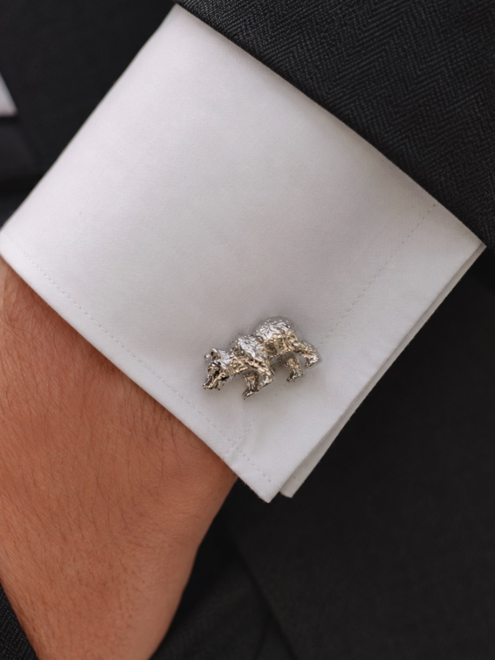 Silver Grizzly Bear Cufflinks – Figural Wildlife Animal Men’s Formal Cuff Links